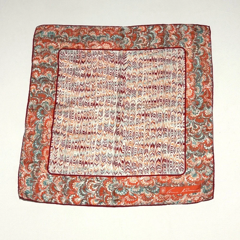 Anne Klein Scarf Women 25in Orange Red Silk Marbled Feather Print Preppy Classic